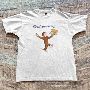 Gildan White Short Sleeve Tee with Cartoon Monkey and Pancakes